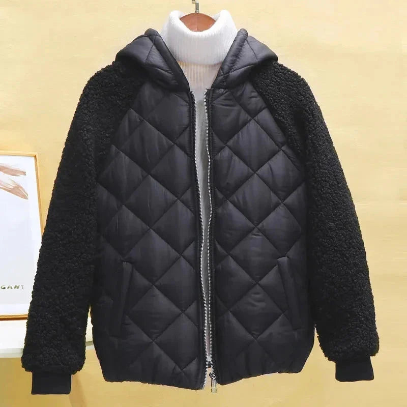 SHOWLU Women's hooded light down cotton jacket with short patchwork design, perfect for casual cold-weather wear.