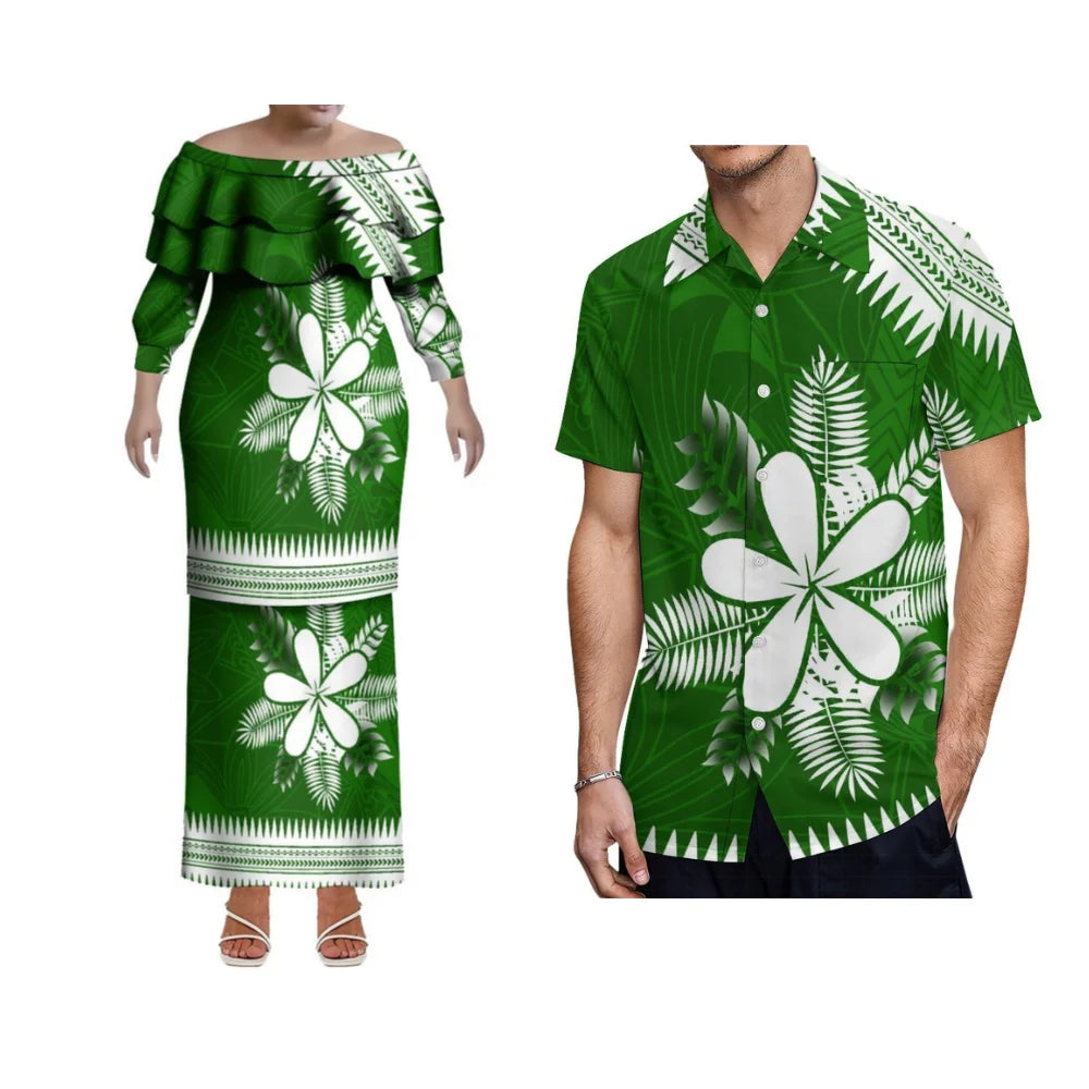 Soft summer Polynesian Samoa Hawaii slim women's fishtail dress with ruffle collar, perfect for garden parties.