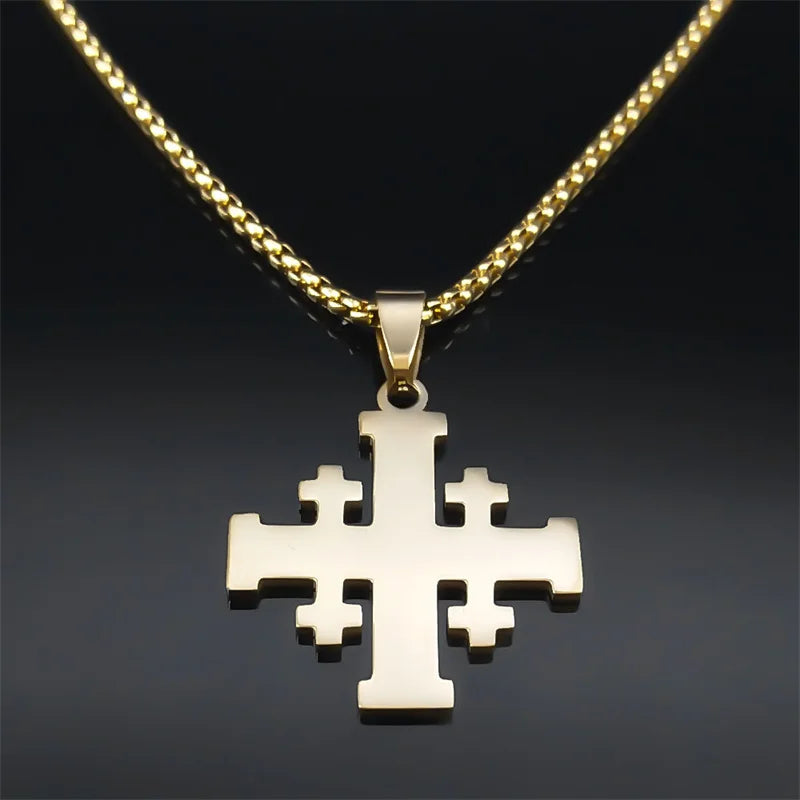Stainless steel Jerusalem Cross necklace with Bible verse pendant, featuring a religious design and intricate cross details.