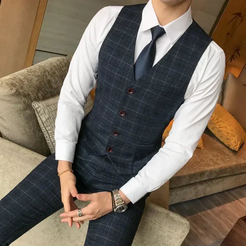 Left side of men's 3-piece plaid suit by SHOWLU FASHION STORE, featuring a slim fit blazer with a classic plaid pattern.