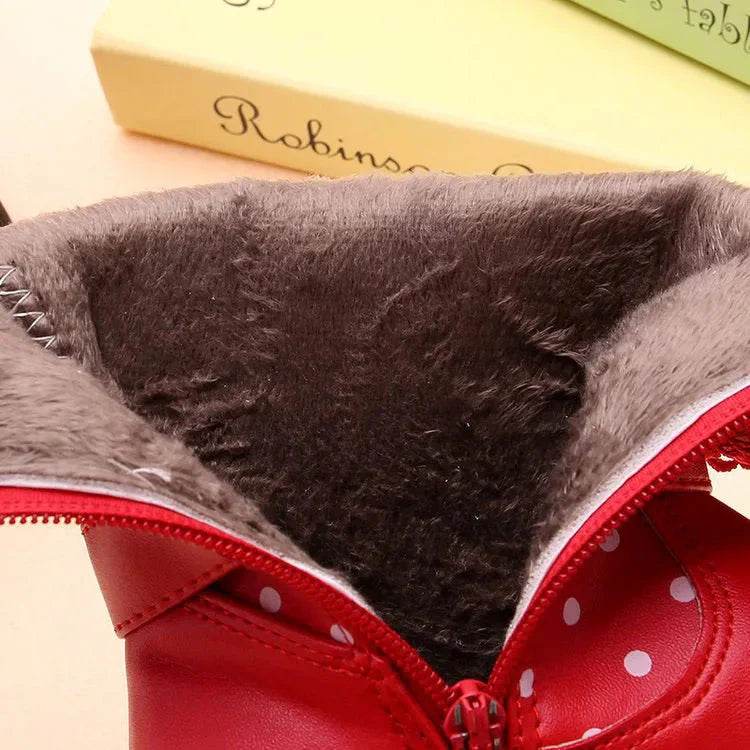 Girls winter snow boots by JGSHOWKITO, warm cotton lining, PU leather, mid-calf shoes, perfect for cold weather.