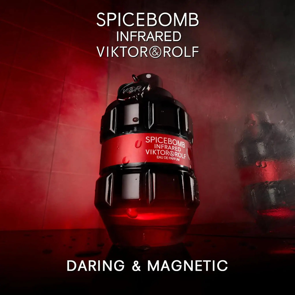 Viktor&Rolf Spicebomb Infrared men's Eau de Parfum bottle featuring woody and spicy scent profile, with a sleek design and warm tones