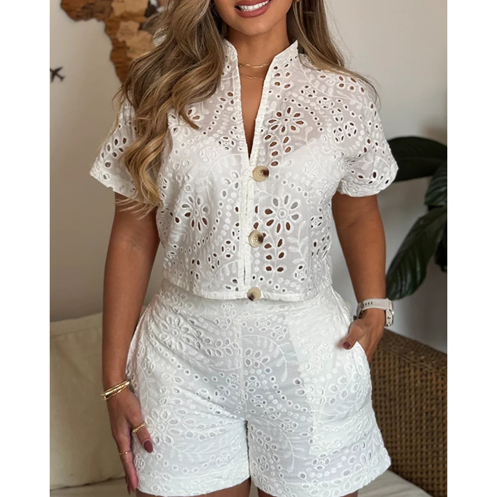 Women’s 2-piece summer outfit with eyelet embroidery, short sleeve stand collar top and elastic waist shorts with pockets by Showlu Fashion