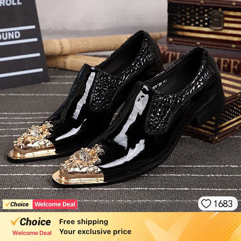 Showlu men's black snake grain genuine leather pointed toe dress shoes with sleek design and stylish finish.