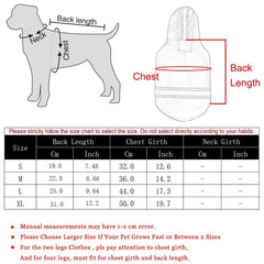 A diagram showing how to measure a dog for a hooded waterproof raincoat with a size chart.