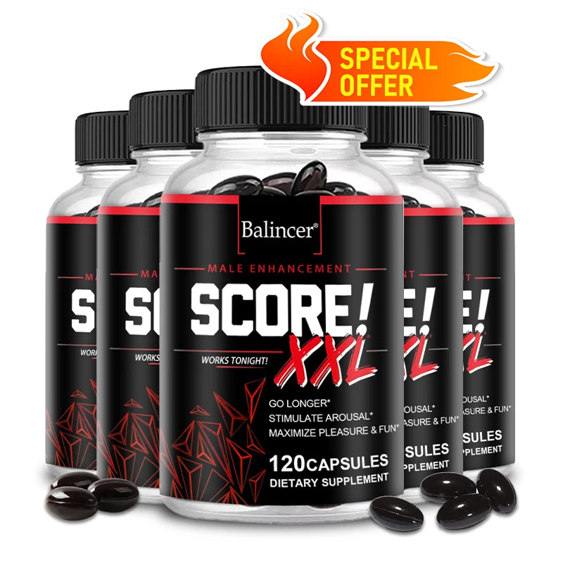 Balincer Score XXL nitric oxide supplement bottle with L-citrulline, maca, and tribulus for muscle building and endurance support