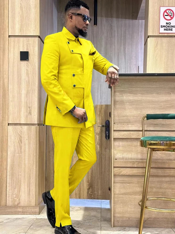 Showlu men's slim fit Italian style 2-piece suit with single breasted serge fabric, tailored for a modern, elegant look.