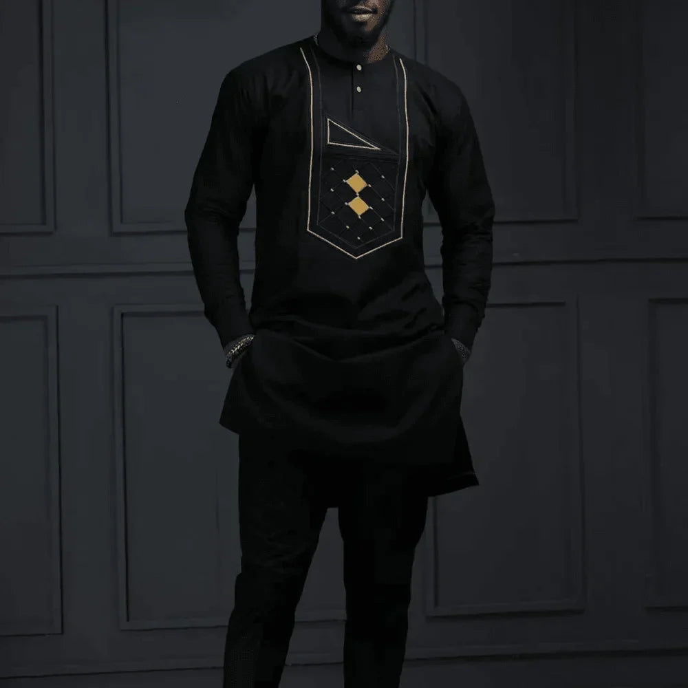SHOWLU Men's African Kaftan Tracksuit, embroidered 2-piece suit set, featuring traditional design and intricate embroidery details.