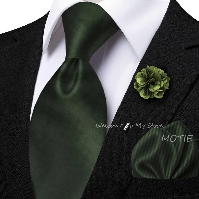 Men's solid color tie set with sage green pocket square, flower brooch, cufflinks, and collar accessory for wedding or daily wear.