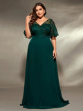Plus size SHOWLU FASHION V-Neck embroidered chiffon evening gown with intricate embroidery and flowing fabric for formal occasions.