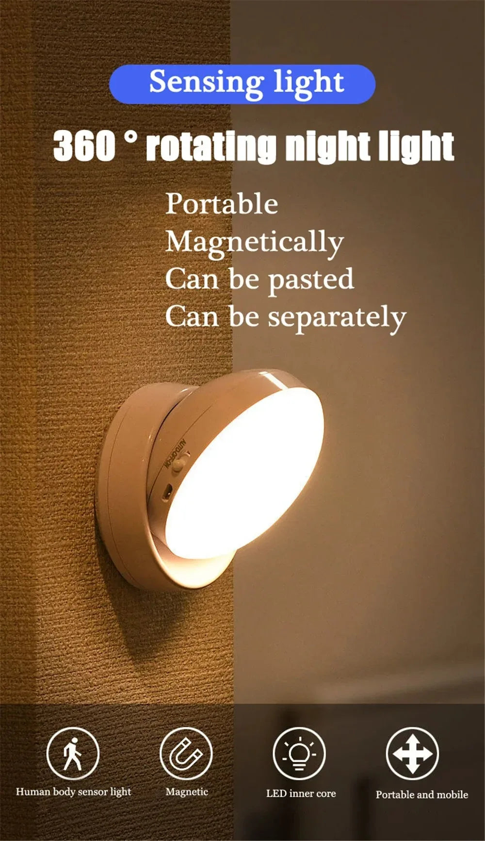 Showlu Smart General 360° Motion Sensor Night Light illuminating a dark room with automatic motion detection.