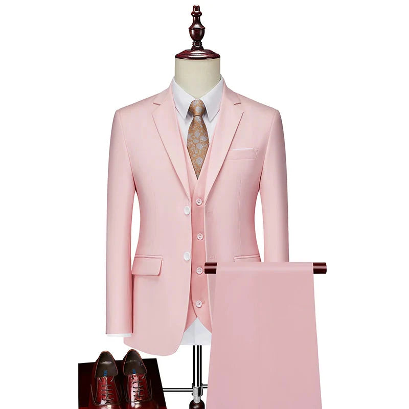 Pink 3-piece men's wedding suit by Showlu Fashion, featuring a jacket, vest, and trousers for formal or business casual wear.
