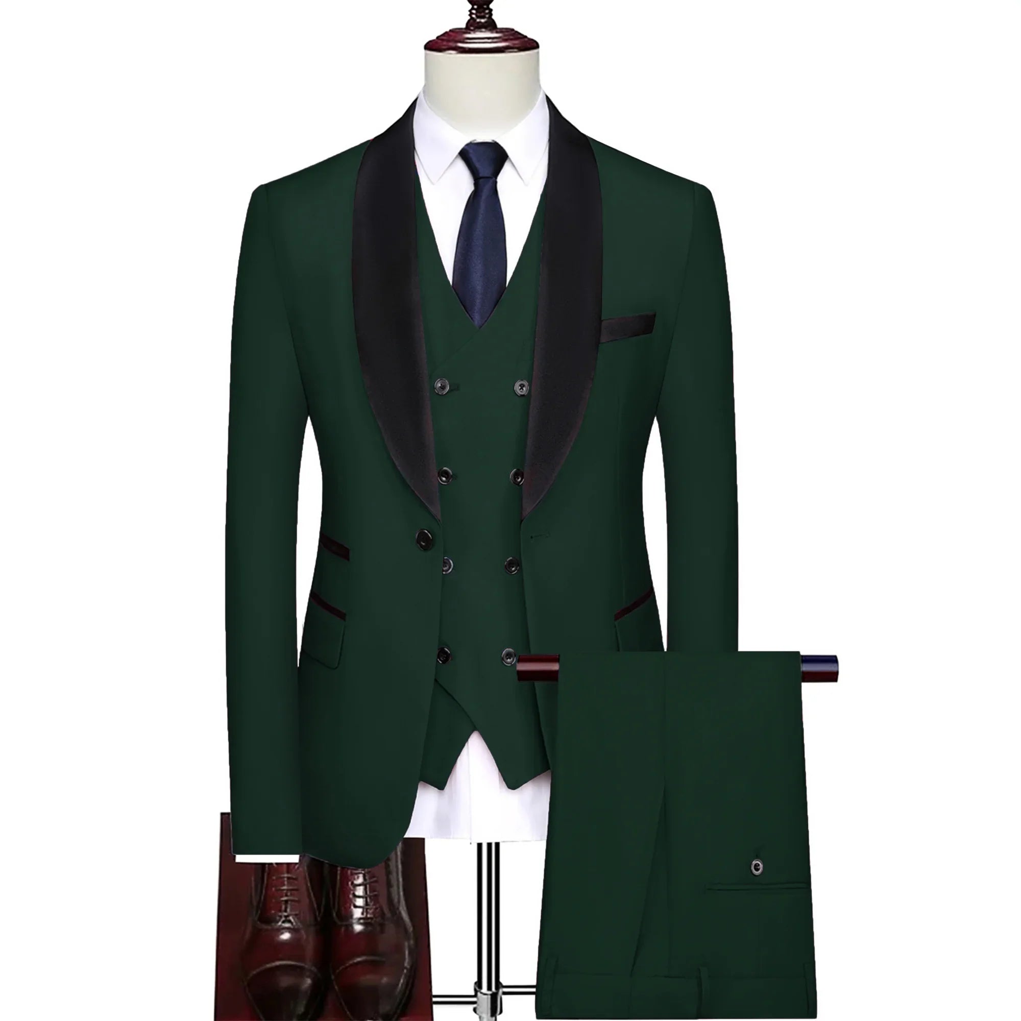 SHOWLU men's 3-piece slim fit wool blend suit, including tuxedo jacket, trousers, and vest for wedding or business occasions.