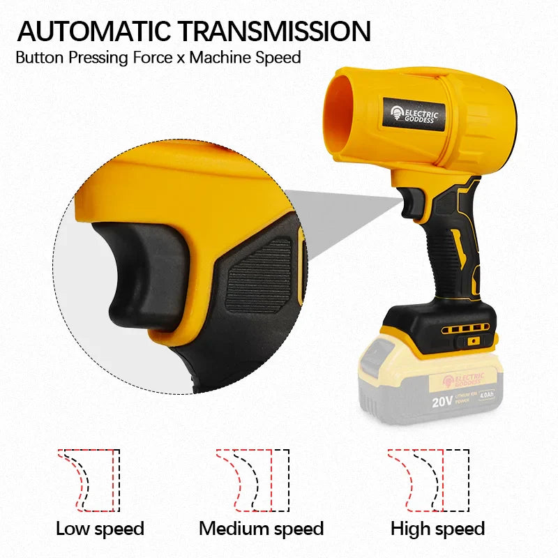 Electric Goddess 1500W brushless jet fan blower compatible with Dewalt 20V battery, shown with black and silver design and ergonomic handle.