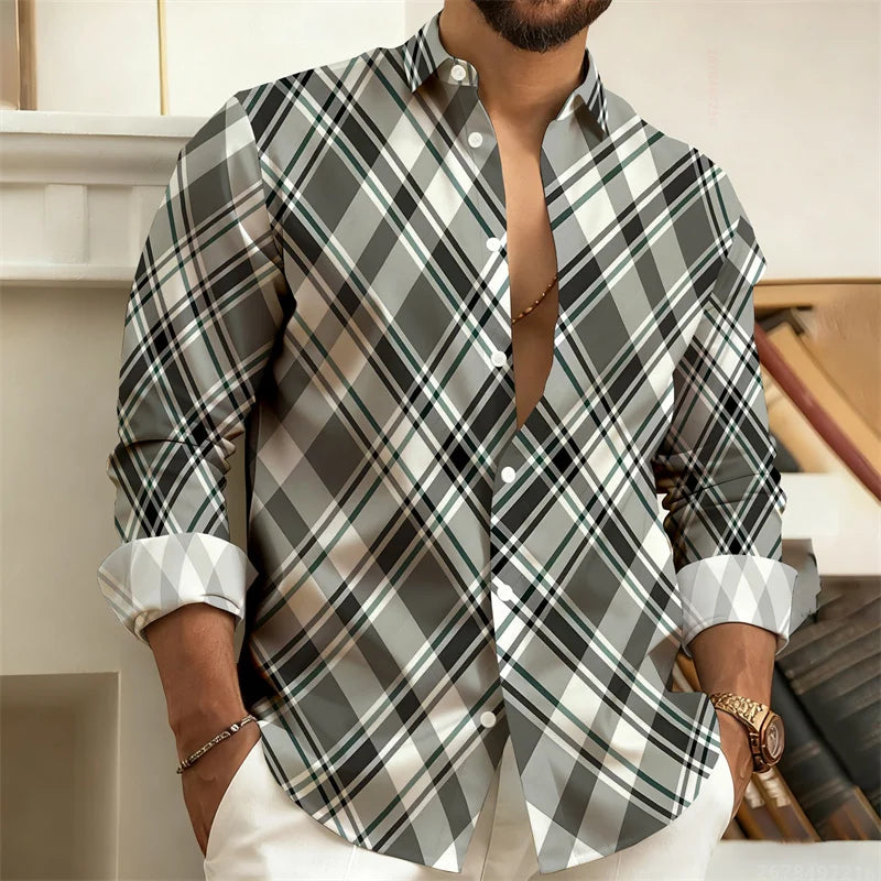 Men's plaid long-sleeved casual shirt by Showlu Fashion, stylish and comfortable trendy top in various sizes.