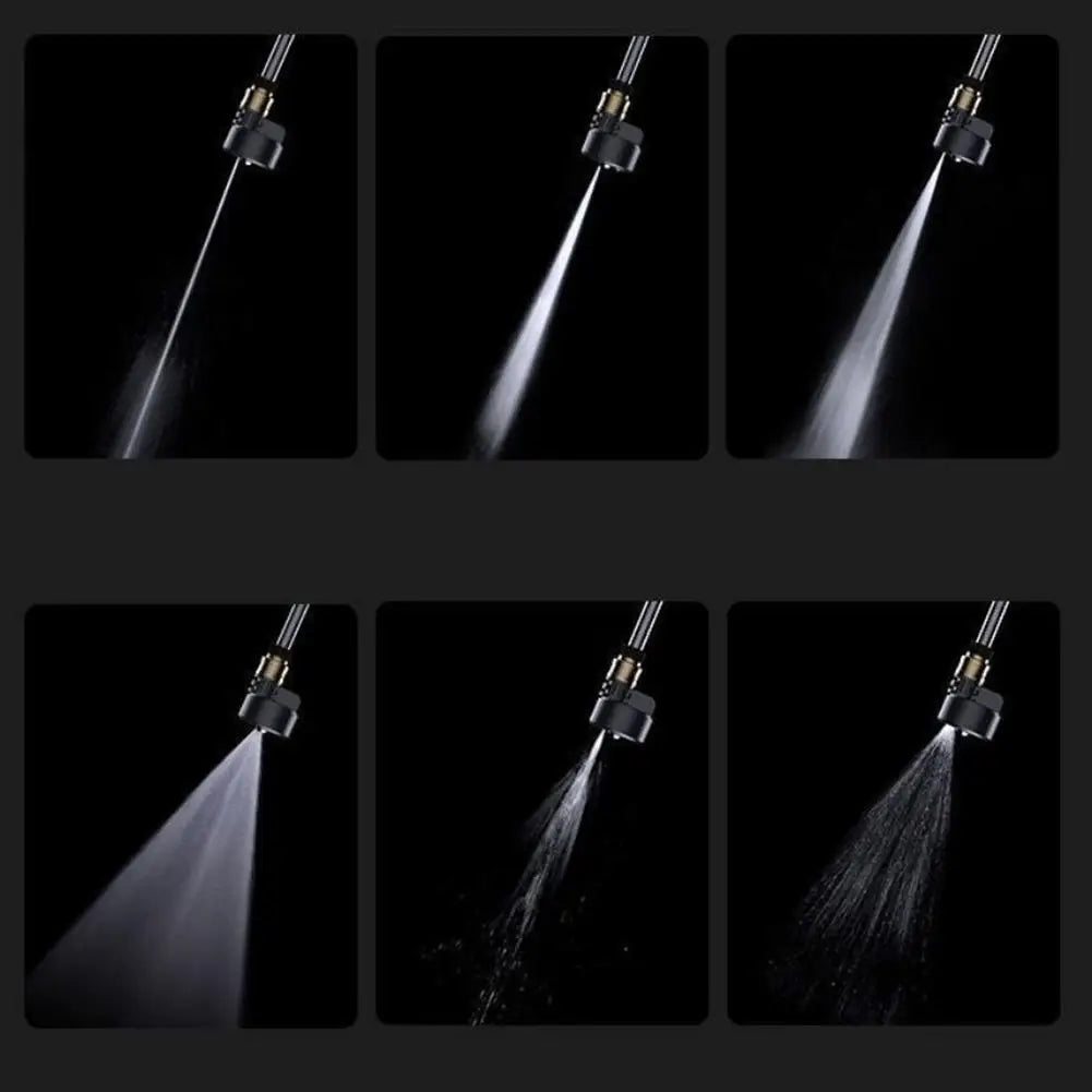 Adjustable 6-in-1 pressure washer nozzle showing different spray settings for versatile cleaning tasks.
