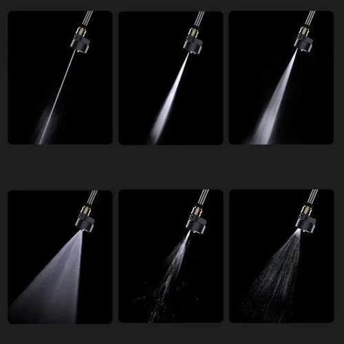 Adjustable 6-in-1 pressure washer nozzle showing different spray settings for versatile cleaning tasks.