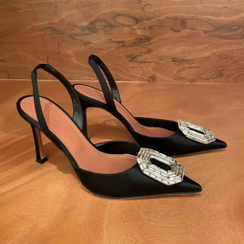 Black silk women's stiletto heels with rhinestones and pointed toe design by SHOWLU FASHION STORE