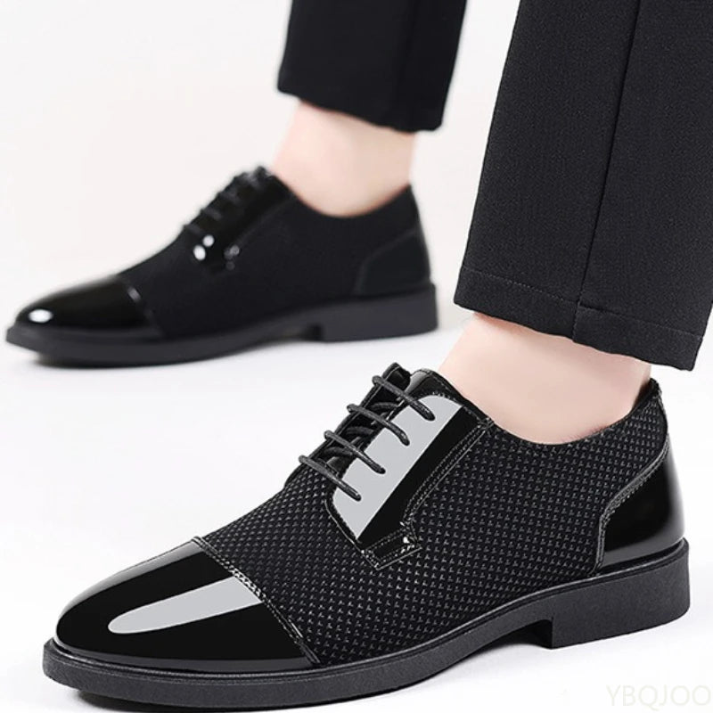 Black men's height increasing shoes with pointed toe and breathable design by Showlu Fashion Store, formal and stylish footwear.