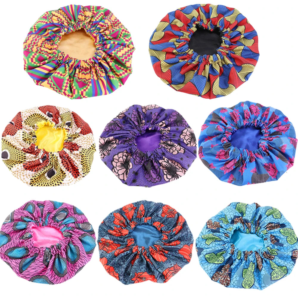 Women’s satin-lined African Ankara print sleep cap, soft extra-large headwrap and hair care bonnet with vibrant pattern.