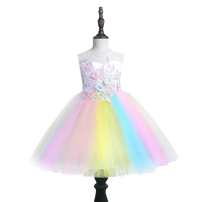 Girls princess style dress with mesh skirt, puffy design, sleeveless vest, suitable for wedding, party, or flower girl events.