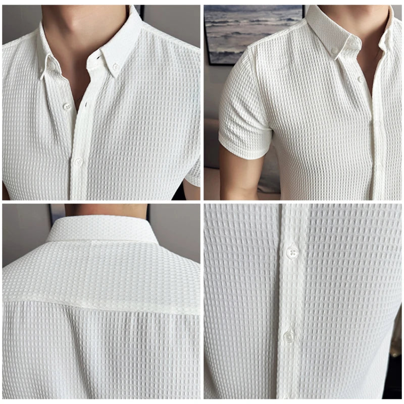 Brown men's thin waffle short-sleeve shirt from Showlu Fashion Store, non-iron slim fit business casual shirt.