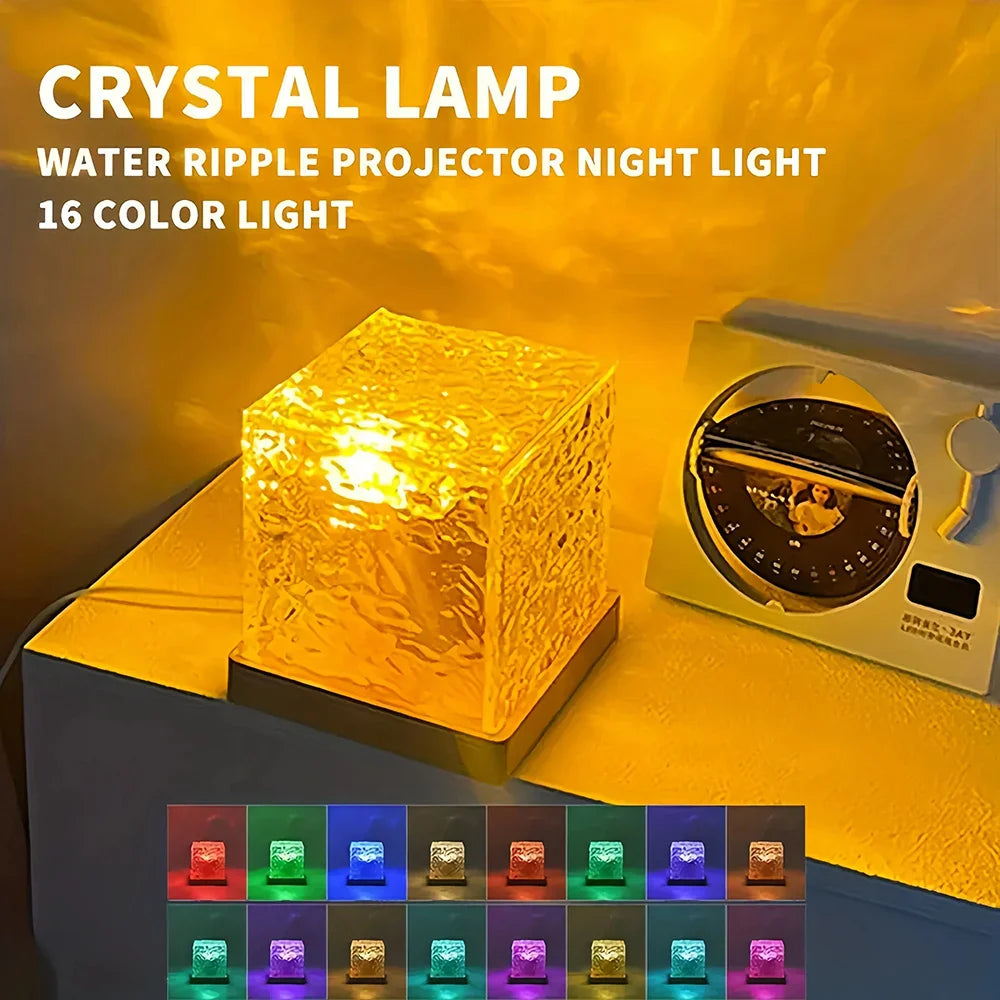 7Flowers RGB Aurora Projector displaying 16-color crystal water wave night light with vibrant, flowing light patterns in a dark setting.