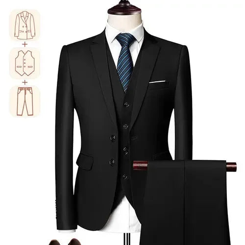 Men's black business casual suit for weddings and formal events, featuring a solid color tuxedo style with a tailored fit.