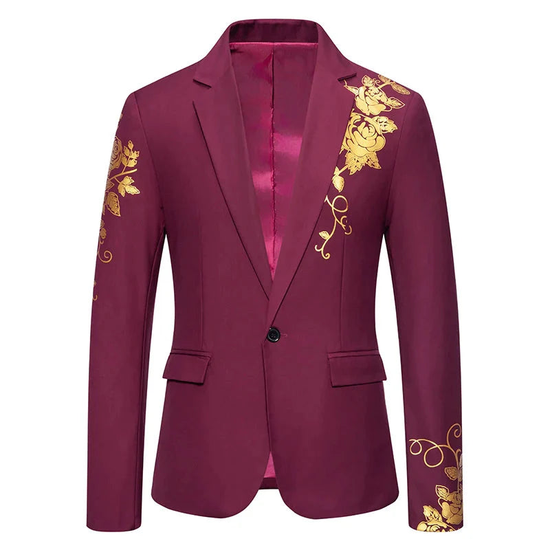 Slim fit men's blazer with paisley print from Li Fen Wen Na, featuring a single button suit coat in a stylish design.