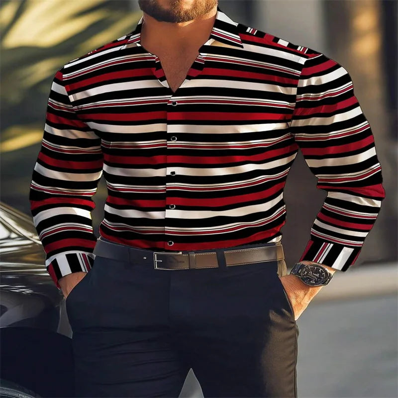 Men's classic red striped plaid long-sleeved shirt, casual fashion top by Showlu Fashion Store, front view of the stylish shirt.