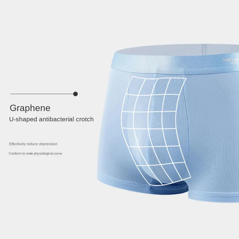 Four pairs of Showlu men's ice silk boxer shorts, breathable and thin U-convex underwear in assorted colors, sizes L to 6XL.