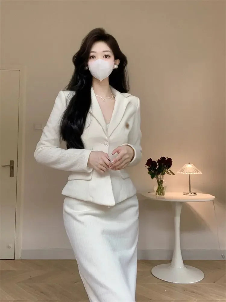 UNXX Autumn/winter Fragrance Style Short Waist Suit Jacket Hip Overskirt  Retro Single-breasted Coat Skirt Two-piece Set Woman's