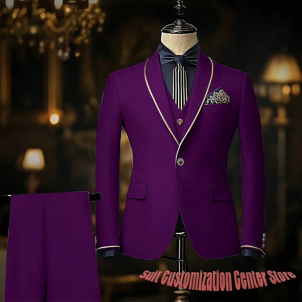 Navy blue men's wedding tuxedo set with jacket, vest, and pants featuring slim fit, single-breasted design, shawl lapel, formal style