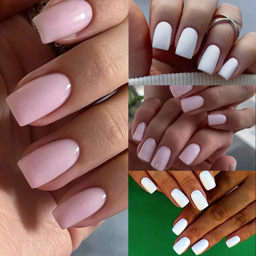 Set of 100 pink and white press-on nails featuring medium trapezoid acrylic tips from MAFANAILS by SHOWLU FASHION STORE.