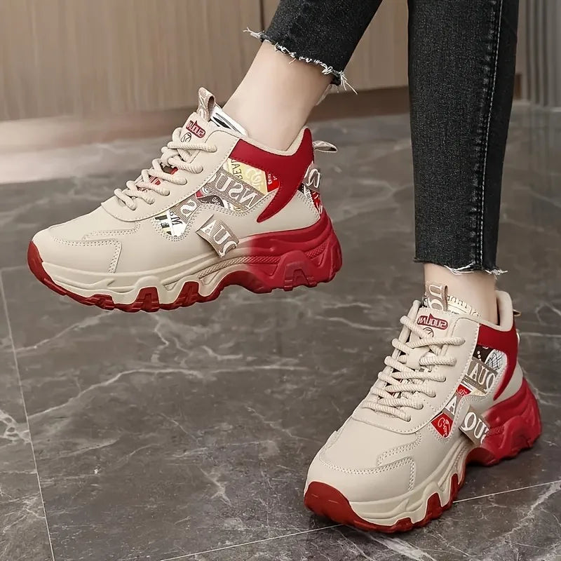 Korean edition women's spring and summer dad shoes with color block design, breathable material, and thick soles for height increase.