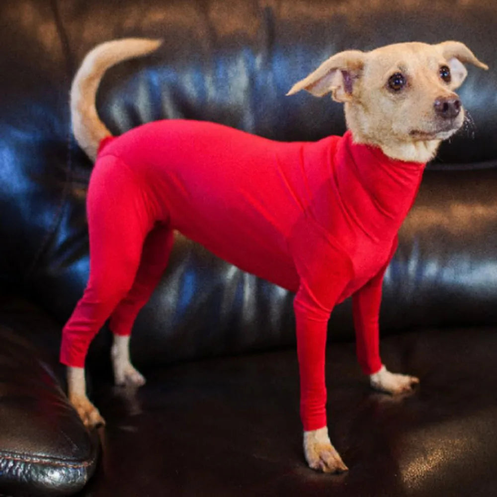 Showlu Dog Pajamas calming anxiety onesie and surgery recovery suit, soft fabric, snug fit, designed for comfort and support.