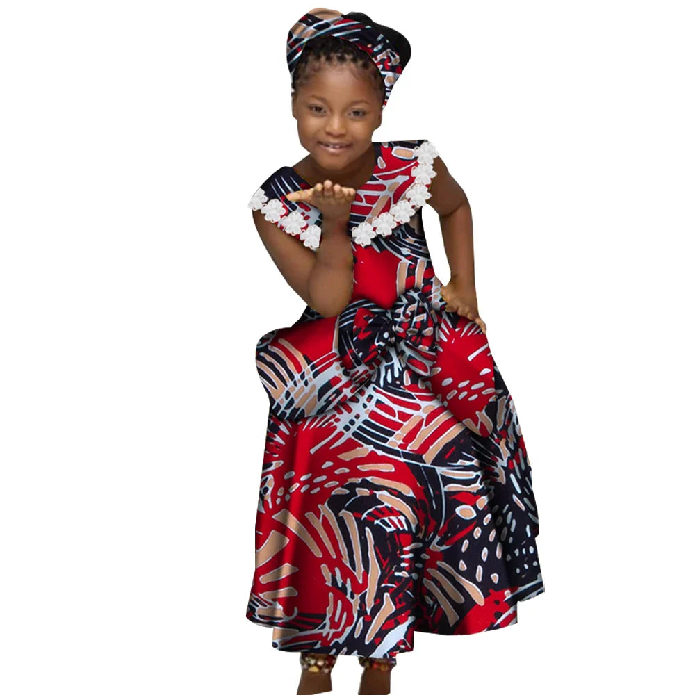 Wingfei Girls African Ankara print cotton Kente pleated skirt dress, colorful and vibrant traditional African style for girls.