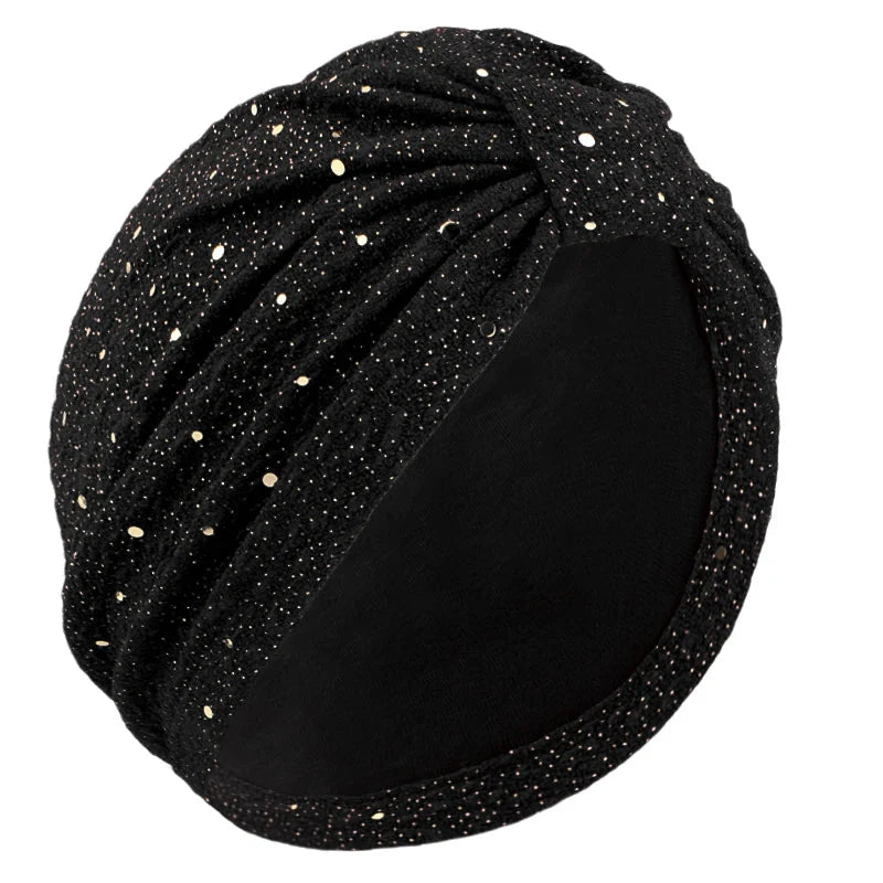 Sequin knotted turban hijab for women, chemo cap beanie bonnet in vibrant sequined fabric, designed for stylish head coverage.