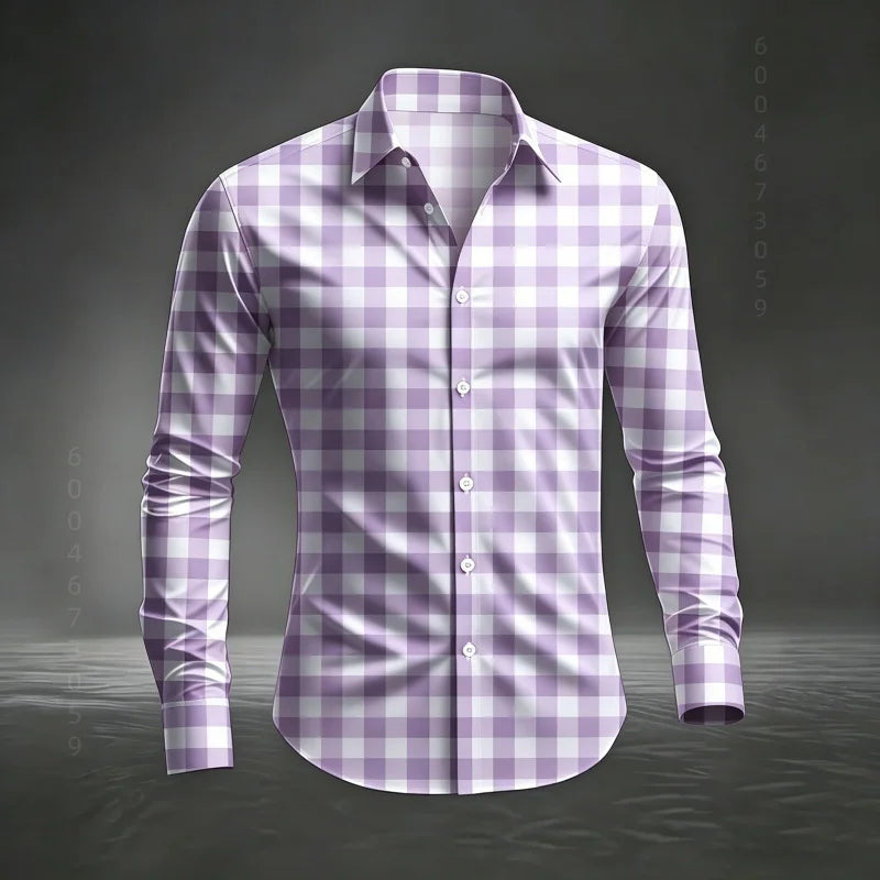 2026 Men's New Classic Plaid Shirt with Plaid Printing, Slim Fit Collar Long Sleeve Shirt, Men's Top, Comfortable Fabric XS-6XL