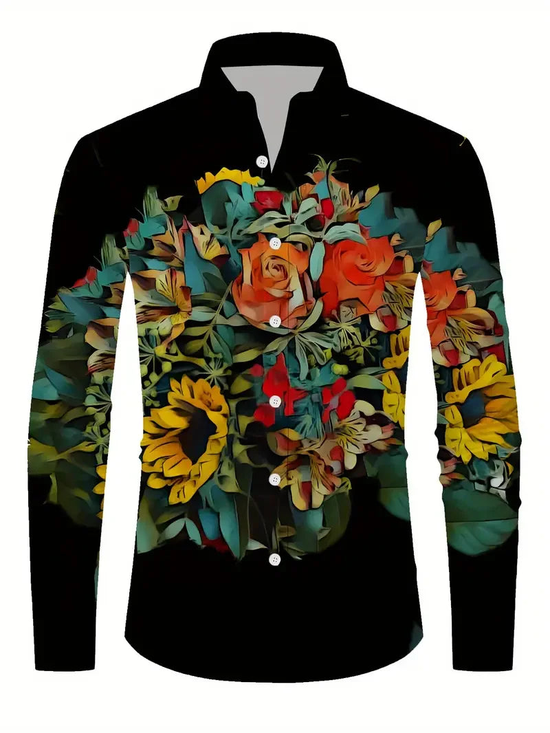 Men's long sleeve casual shirt with colorful striped and floral pattern, suitable for four seasons, by Showlu Fashion Store.