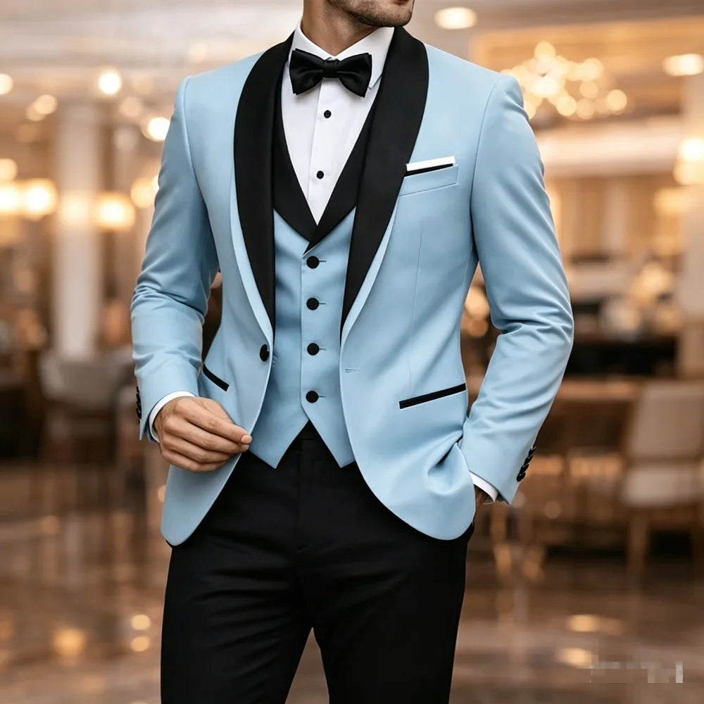 Men's black tuxedo set with shawl lapel dinner jacket, dress shirt, and trousers by Showlu Smart General for formal events.