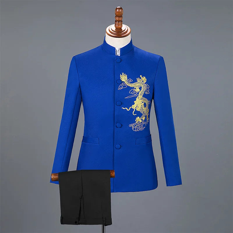 Men's 2-piece slim fit suit by Showlu Fashion, featuring an embroidered blazer and straight pants, displayed on a hanger.