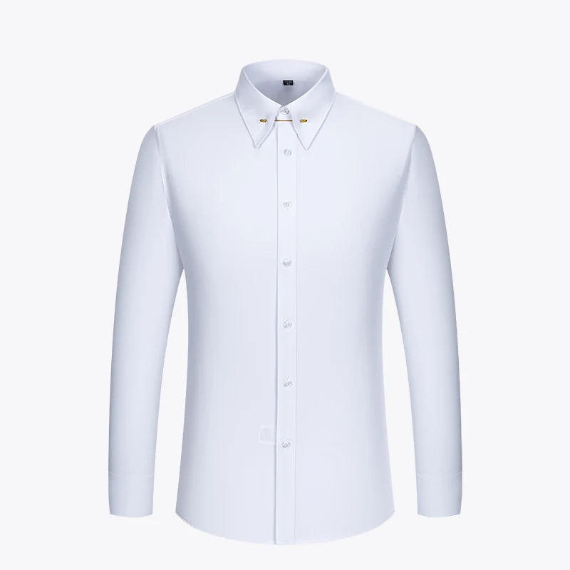 Premium men's pin collar dress shirt with French cuffs, stylish formal shirt in white or black for business, party, or wedding.