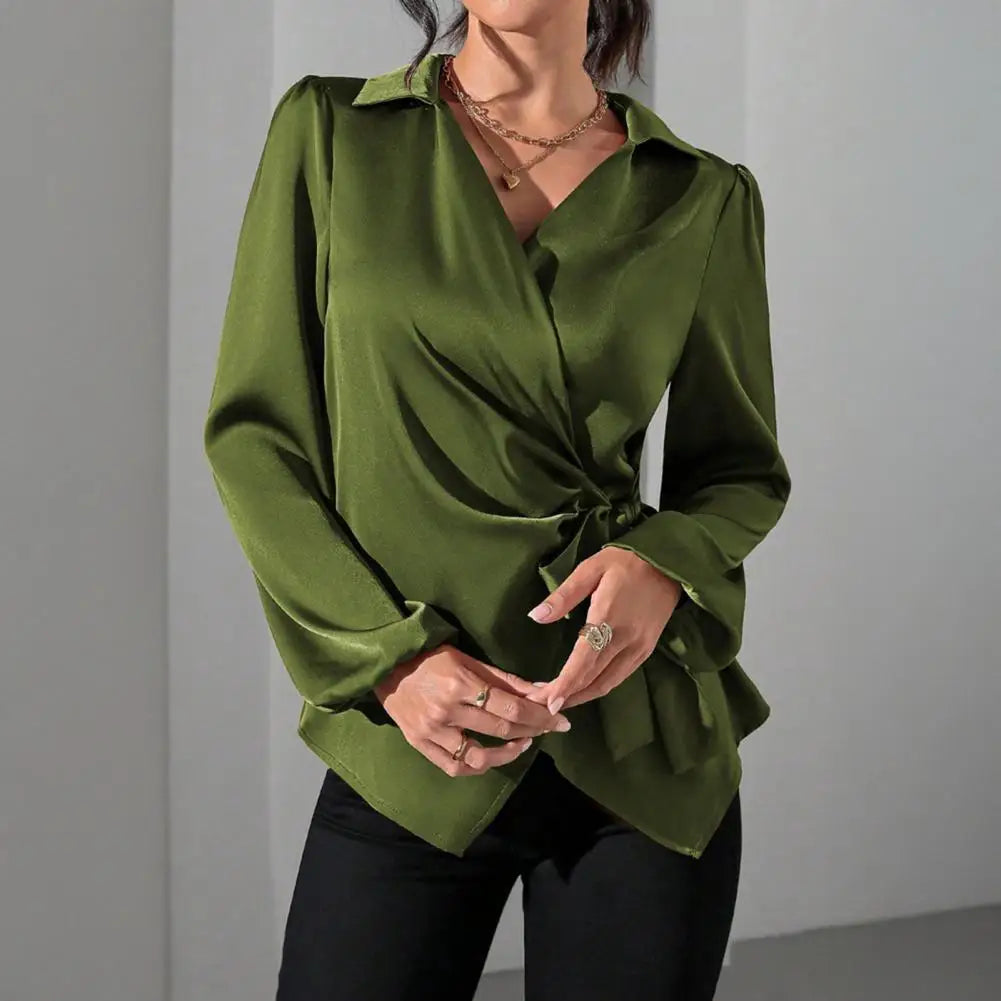 White lace-up waist blouse with irregular long sleeves, women's tunic top by Showlu Fashion Store, stylish and comfortable.