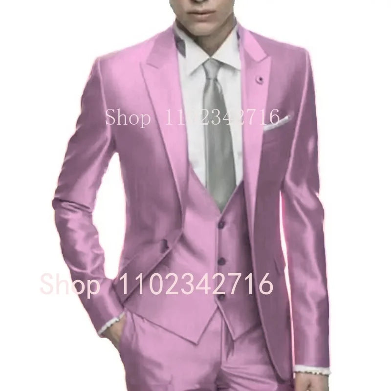 Silver grey satin men's 3-piece slim fit formal tuxedo from Showlu Fashion Store, featuring a tailored jacket, vest, and trousers.