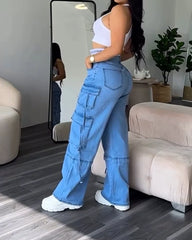 Women's Multi-Pocket Jeans, Retro Splicing, Drawstring, Cool Girl Trousers, Loose Casual Streetwear, New Bottoms, Fashion