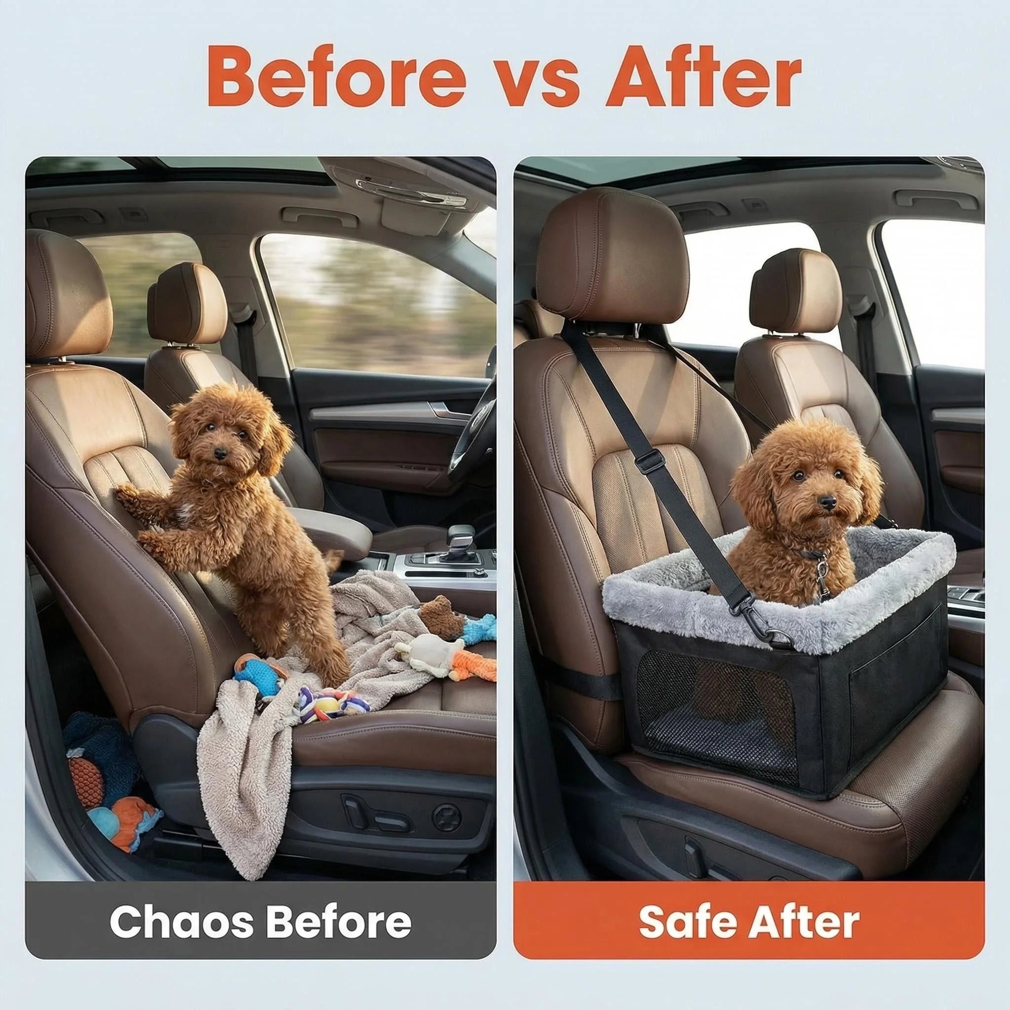 Showlu Height Increasing Dog Car Seat in portable nylon booster bed, providing a raised, comfortable spot for small dogs during car rides.