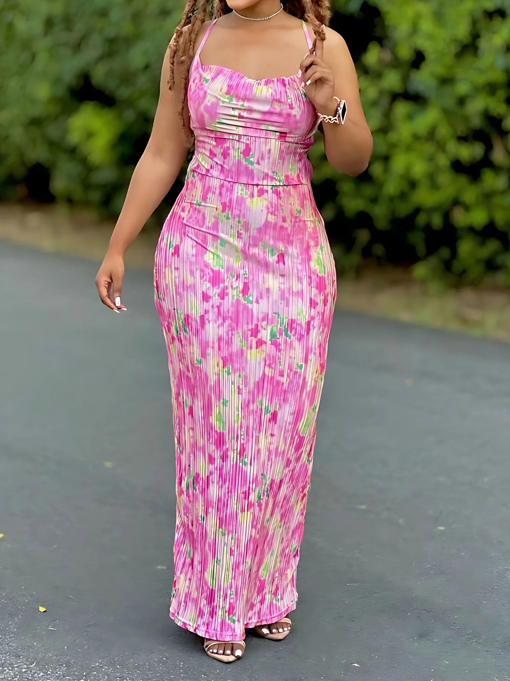 Women's tie-dye print pleated dress with spaghetti straps, casual summer bodycon dress from Showlu Fashion Store.