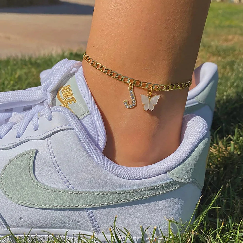 Stainless steel initial letter anklet with butterfly design, waterproof jewelry for women and girls, trendy leg chain accessory