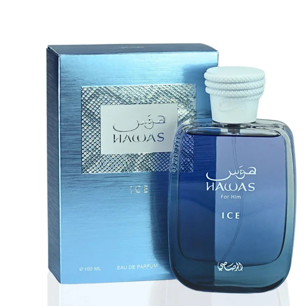 Rasasi Hawas Ice for Men 100ml Eau de Parfum with sleek bottle design, premium Arabian fragrance for men